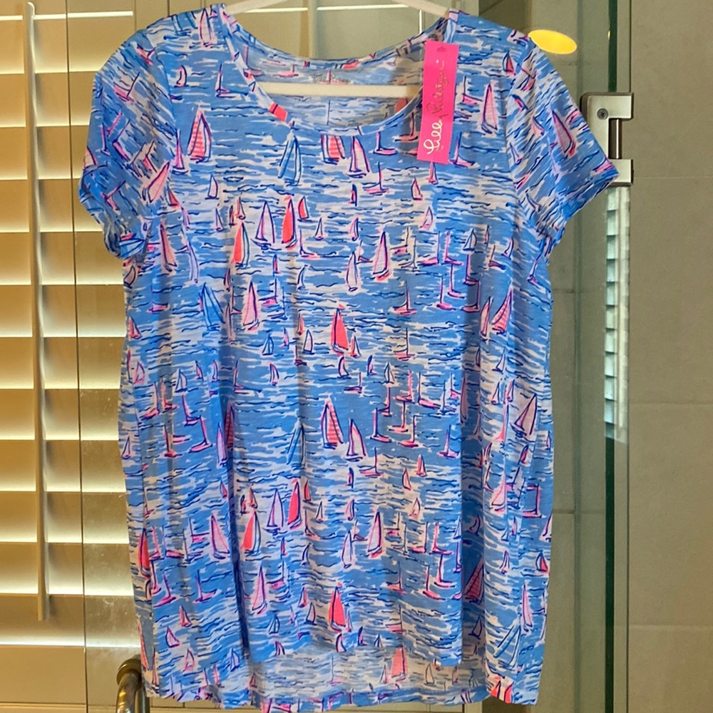 NWT sz L Lilly Pulitzer Etta scoop neck top in Boatylicious Zanzibar blue